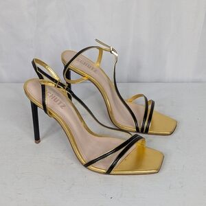 Schutz Luna Black And Gold Metallic Leather Strappy Stiletto Sandal Heels